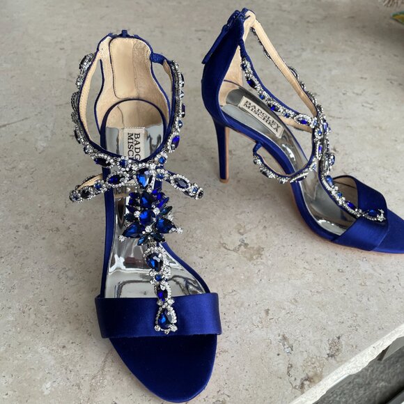 Badgley Mischka Georgia Cobalt Satin Strappy Jeweled High Heels,  Women's 7.5 - Picture 4 of 10